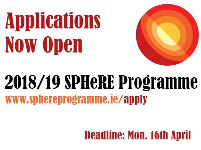 Applications for the 2018/19 <a href="/hrbireland/">HealthResearchBoard</a> funded <a href="/SPHeREprogramme/">SPHeRE</a> are now open! Visit sphereprogramme.ie/apply/ for details.
