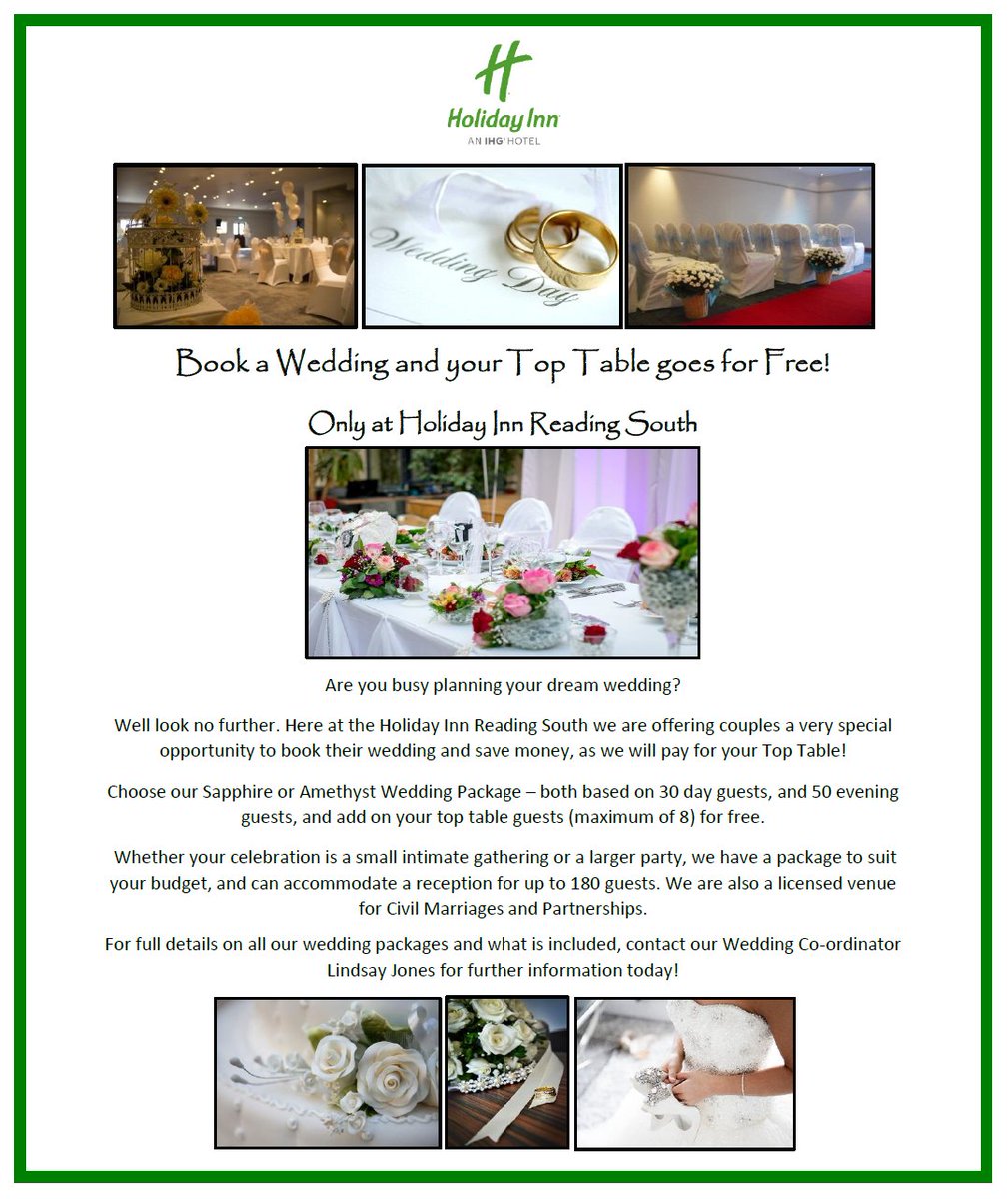 Are you busy planning your dream wedding? Holiday Inn Reading South M4 J11 are offering couples a very special opportunity to book their wedding and save money, as they will pay for your Top Table! This offer is available 'til 30th April 2018 bit.ly/2FyNXHF