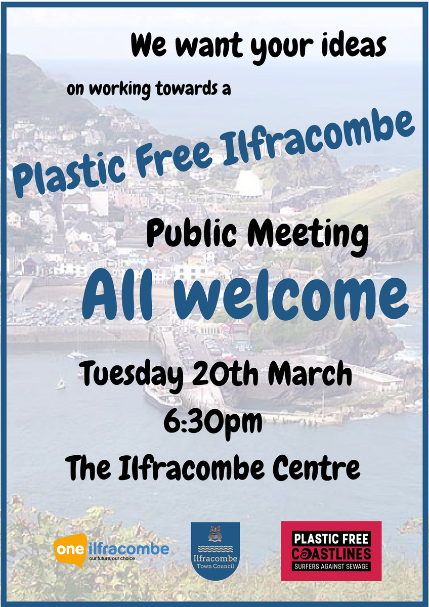 OneIlfracombe's tweet photo. Plastic Free Ilfracombe project kicks off with a public meeting on 20th March. ALL WELCOME.
@sascampaigns
#PlasticFreeIlfracombe #RefuseforVictory #RefillforVictory #ReuseforVictory #RecycleforVictory #2minuteBeachClean #PlasticFreeCommunities https://t.co/GWX9CIjb2D