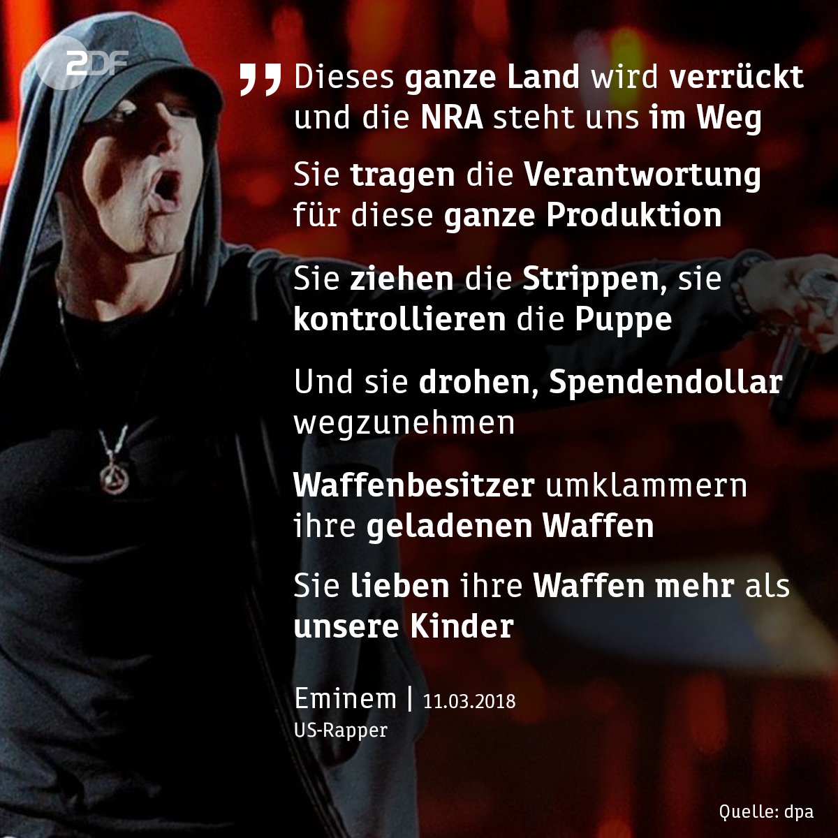 In den USA geht nach dem Schulmassaker in #Parkland die Diskussion um  strengere #Waffengesetze weiter. US-Rapper Eminem definiert einen klaren  Gegner: die Waffenlobby #NRA. ly.zdf.de/DR/