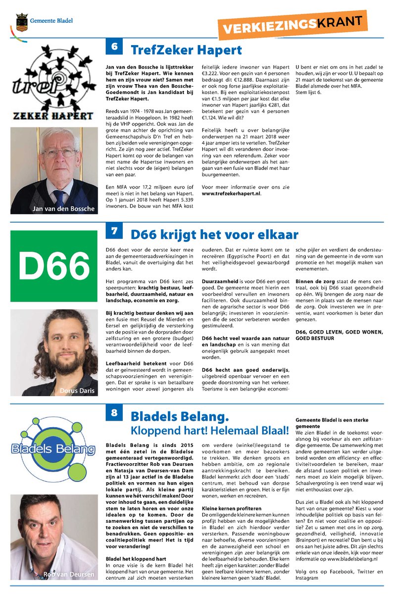 gemeente_Bladel's tweet photo. Op woensdag 21 maart zijn de #gemeenteraadsverkiezingen weer. In de gemeente Bladel doen acht partijen mee. Weet u al op wie u gaat stemmen? Om uw keuze te vergemakkelijken hebben alle politieke partijen hun belangrijkste onderwerpen uit de #partijprogramma’s op een rijtje gezet. https://t.co/xTZPN3RrKk