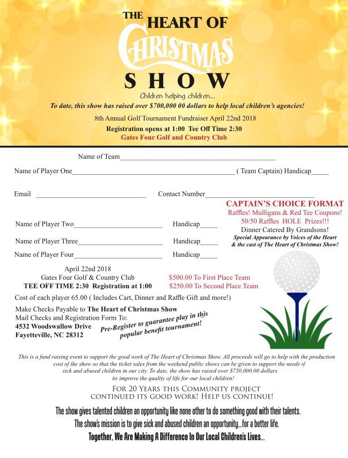 Come to our annual golf tournament at Gates Four on April 22 at 2:30 pm! There are lots of wonderful PRIZES! Only $65 per player!! Visit voicesoftheheartnc.com for a registration form! The cast of the Heart of Christmas Show hopes to see you there!!⛳️