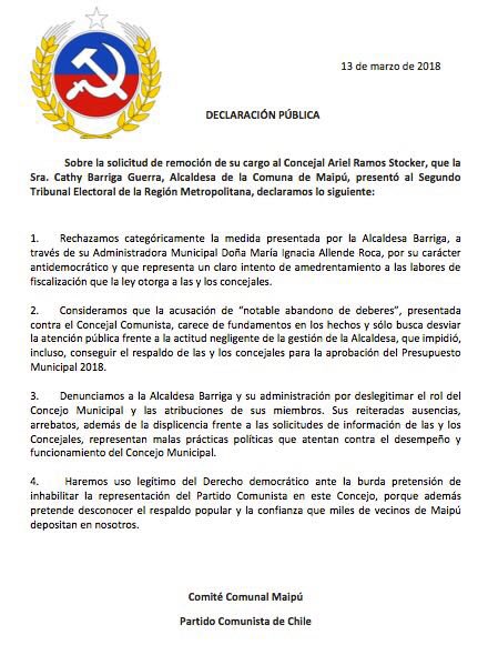Comparto declaración del <a href="/PCdeChile/">Partido Comunista de Chile</a> Comunal Maipu denunciando la persecución política de la alcaldesa UDI <a href="/cathy_barriga/">Alcaldesa Responde</a> a nuestro Concejal <a href="/Ariel_Ramos_/">Ariel Ramos Stocker</a>