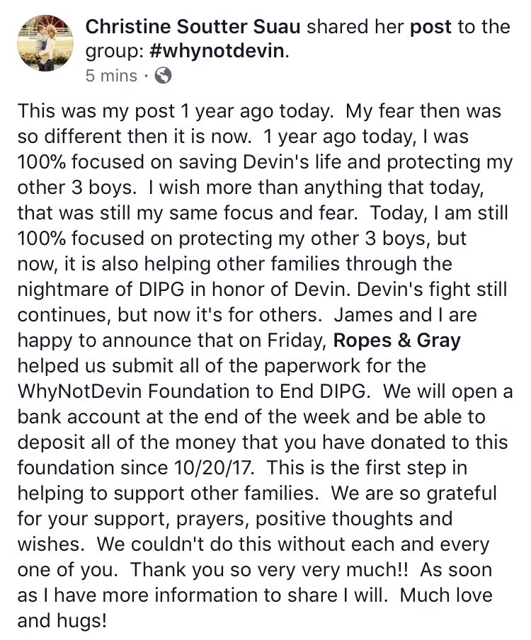 WhyNotDevinDIPG's tweet image. From Devin’s mom Christine, an update on the #WhyNotDevinFoundationToEndDIPG. Thank you for your support. 💚