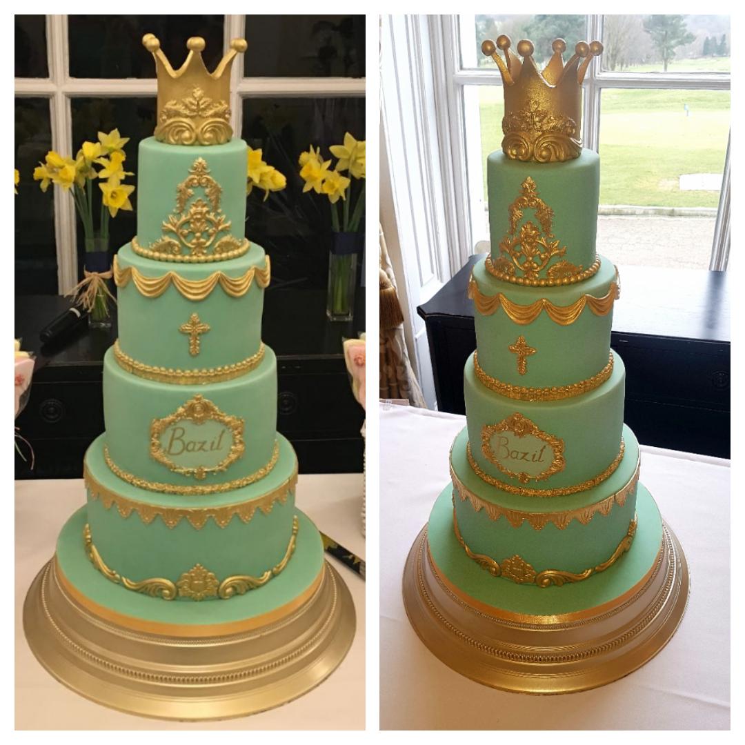 Gold &amp; Green Christening Cake #cake #christening #gold #alledible #handmade #food #love #pretty #renshaw #opulant #baby #delicious #enfield #foodporn #yummy #greek #crown