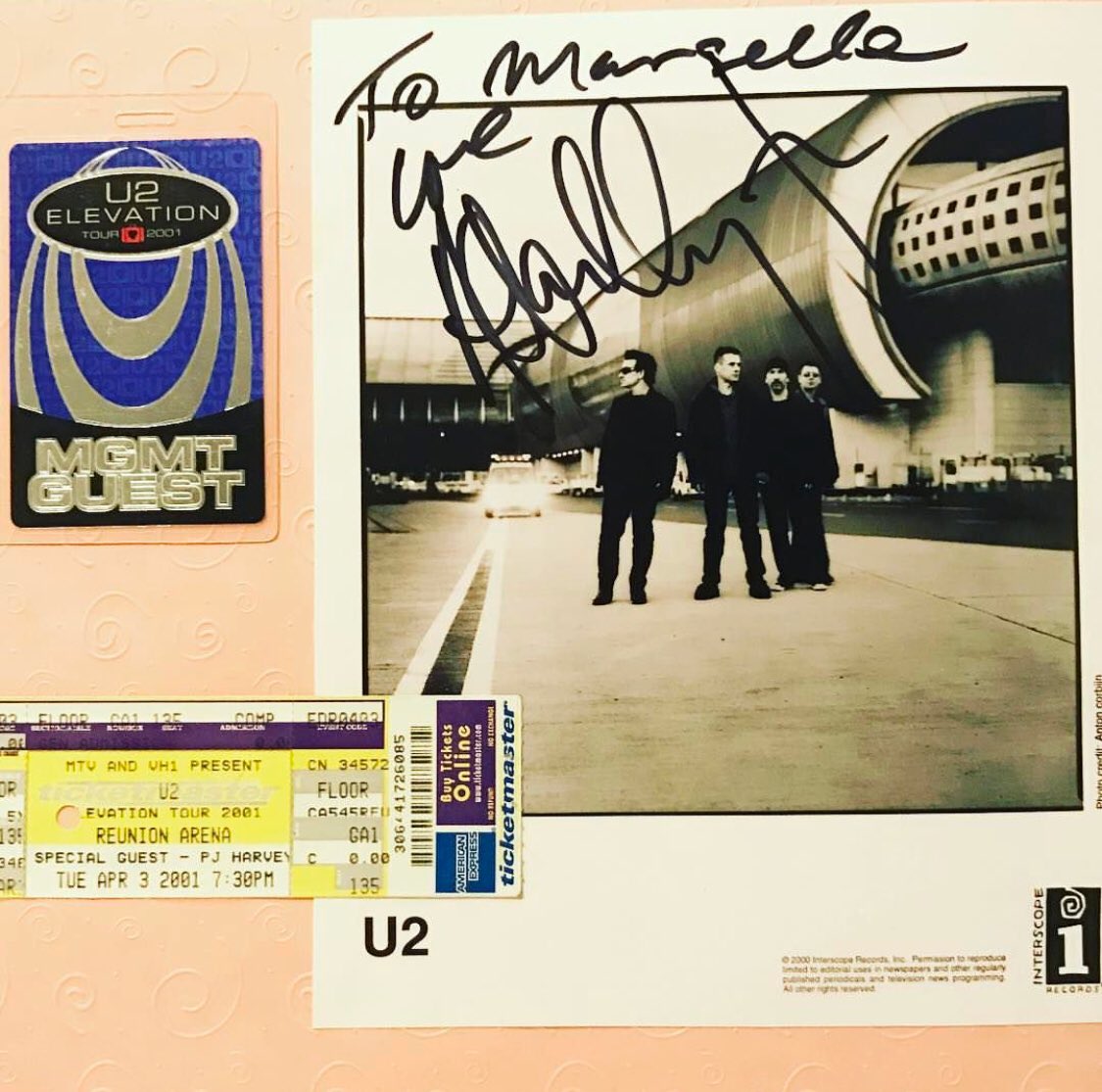 jeffknet's tweet photo. Happy 58th birthday! #AdamClayton of @U2. Back in 2001 during a live broadcast from #ReunionArena on #MergeRadio, Carrie and I got to meet Mr Clayton and grab an autograph for @MarselleK. It was the #Elevation Tour and @pjharveyofficial opened the show. https://t.co/STQaV5px6S
