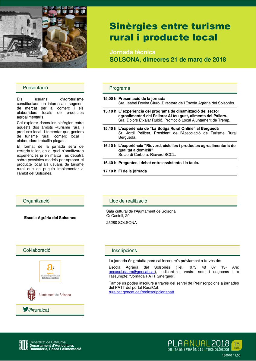 Productedaqui's tweet image. Jornada: Sinèrgies entre turisme rural i producte local. Fomentar que gestors de turisme rural, comerç local i elaboradors/productors agroalimentaris del territori treballin plegats és qualitat, és compromís! Ens hi acompanyes? #DEL #AODL
