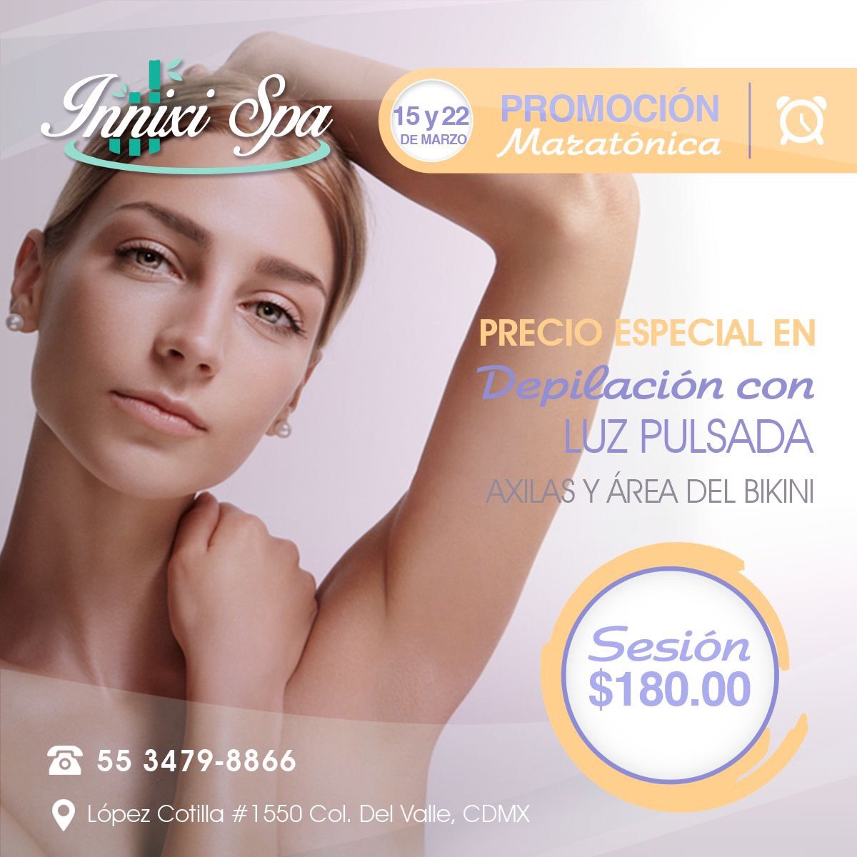 innixispa_liz's tweet photo. Dile adiós a ese vello no deseado y aprovecha nuestra #Promoción #depilación con luz pulsada sesión de axila y bikini en $180 solo este 15 y 22 de Marzo.
Citas y contacto 📲
55) 3479 8866
#SinVello #Vacaciones #Depilación #LuzPulsada #CDMX #ColdelValle @En_laDelValle https://t.co/DDgj9xhw0G