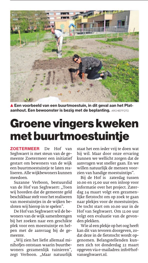 JamilaBakkers's tweet photo. “Wij zien het liefst allemaal minihofjes ontstaan waarin buurtbewoners gezamenlijk tuinieren” - precies zoals motie voor stadsmoestuinen van @d66zoetermeer bedoeld is! Tof opgepakt door @hofvanseghwaert 🌱💚 https://t.co/I6hA6Pb0pG