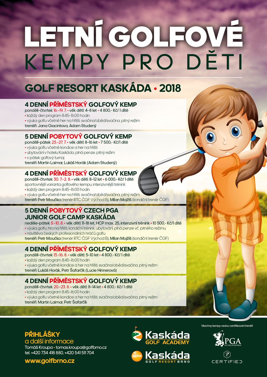 GOLF_KASKADA's tweet photo. Naše golfová akademie Kaskáda Golf Academy připravila 6 letních golfových kempů pro děti. V nabídce jsou jak příměstské, tak i pobytové varianty kempu, a to pro začátečníky, pokročilé i sportovní mladé golfisty. @GOLF_KASKADA 
#holiday #children #golf #funny https://t.co/JfG8Qiuw0H
