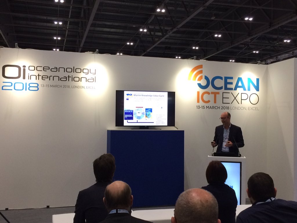 EMODnet's tweet photo. With the example of the @EMODnet Open Sea Lab #hackathon, JB Calewaert is demonstrating the #innovation power of Europe's wealth of open #marinedata! #Oi2018 #OSL2017 https://t.co/ucendwpcin