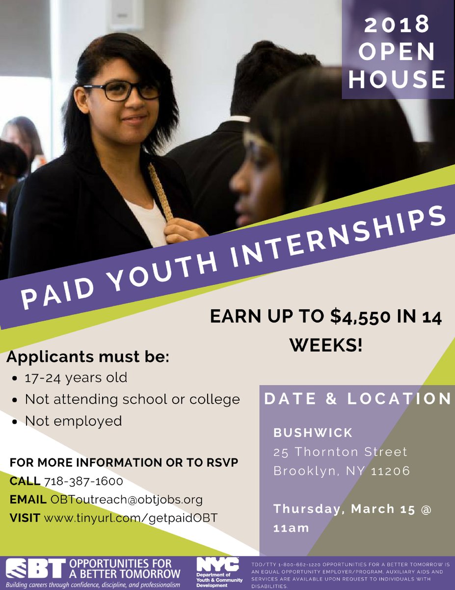 OBTJOBS's tweet image. We are enrolling for our Young Adult Paid #Internship Program! Earn up to $4550 in 14 weeks! Come to our open house in #Brooklyn this Thursday, March 15 at 11 am. Please see flyer for eligibility and details! Hope to see you there! #NYC #YouthEmployment