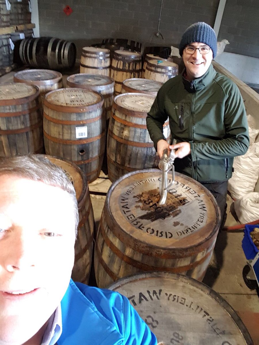 WaterfordWhisky's tweet photo. James is starting to fill the spirit distilled from biodynamic barley into American oak. (That’s @WaterfordSpirit’s head on the selfie.) https://t.co/joq7vYizBw