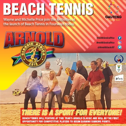 Wayne &amp; Michelle Price join the festivities at the launch of Beach Tennis in Fourways today. Beach Tennis will feature at this year's ACA and will be the first opportunity for competitive players to earn ranking points

THERE IS A SPORT FOR EVERYONE.

#ACAfrica2018 #BeachTennis