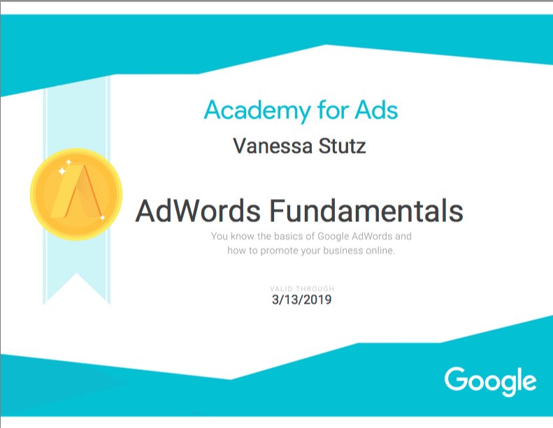 VanessaStutz's tweet photo. I'm on a roll! In addition to the AdWords Basics certification, I today certified for Google AdWords Fundamentals. #proud https://t.co/f5xc2PI4M4 https://t.co/vWUMDkGTEd