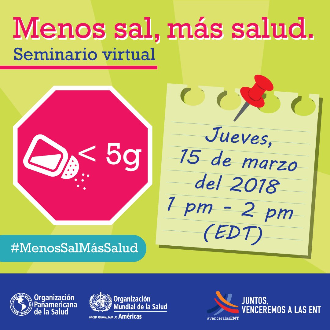 opsoms's tweet photo. ¡Anota en tu calendario! 📆
Jueves, 15 Marzo, 13.00 EDT Seminario virtual “Menos sal, más salud”.
Conoce las estrategias de la OMS para comer #menossal
👉Regístrate en https://t.co/BggqC1UYEC
+ INFO https://t.co/0lPuDR1PAO
#MenosSalMasSalud #SemanadelaSal https://t.co/pdC3Qa1zgz