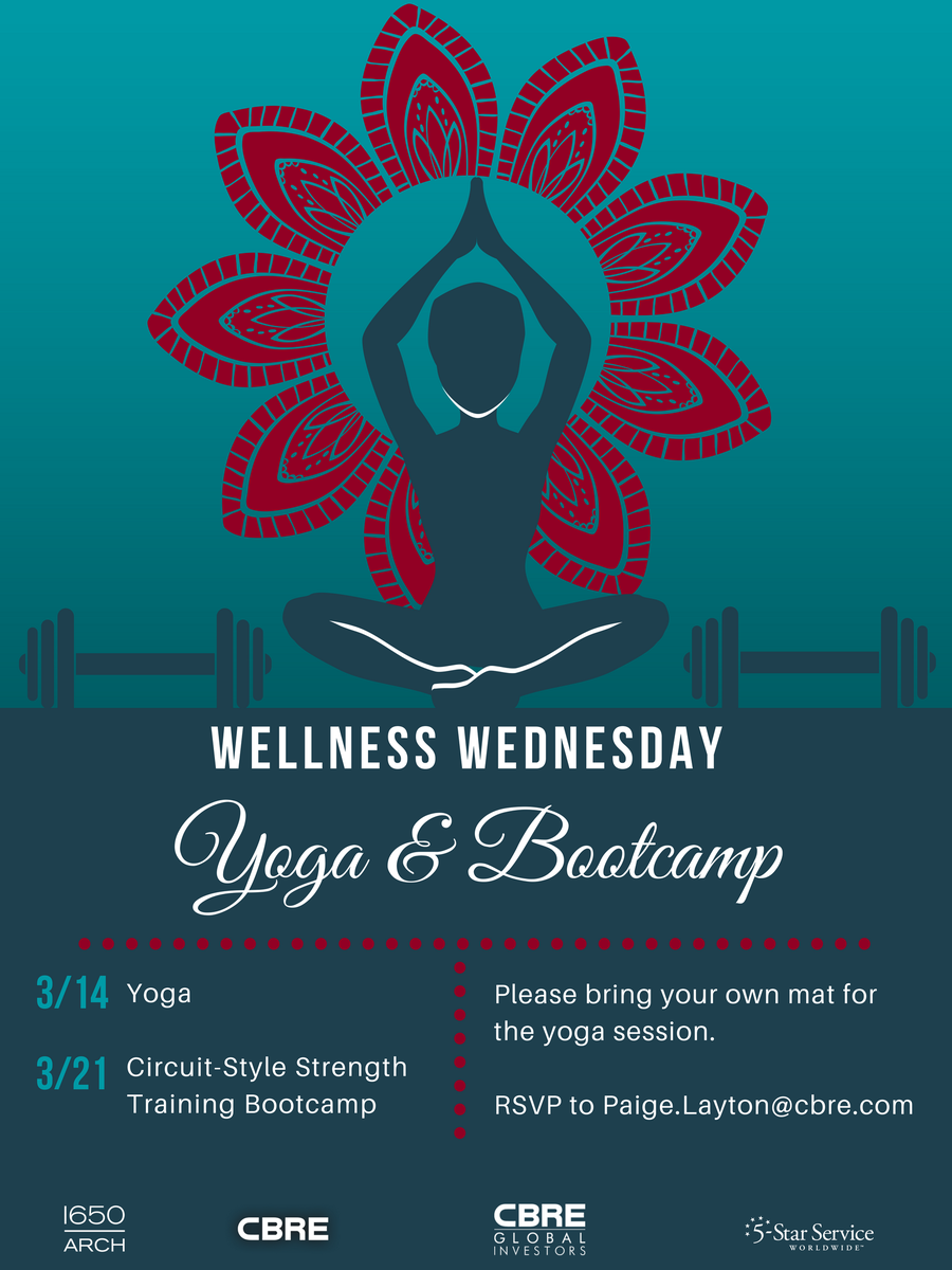 1650Arch's tweet photo. Don't forget to sign up for March's #WellnessWednesday Yoga + our newest Bootcamp edition! #fitness #5StarServiceWorldwide #CBRE https://t.co/LowFeDHjdD