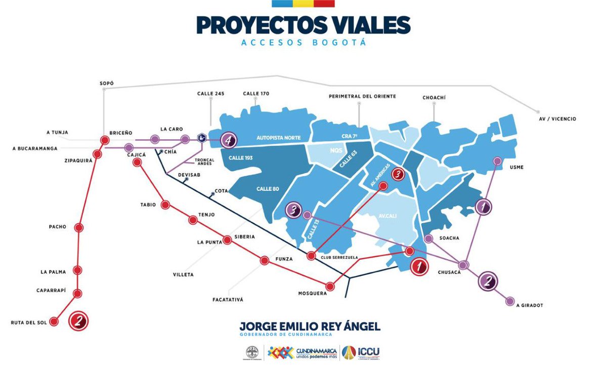 Avanzamos con varios proyectos viales que conectan a #Bogotá con #Cundinamarca. La Perimetral del Sur, la vía 40 Express Bogotá-Girardot, la APP Aló Sur, Concesión Accesos Norte Fase 1, la APP Conexión Sabana-Conexa, la APP Troncal de Rio Negro, la APP Vía Alterna de Occidente.