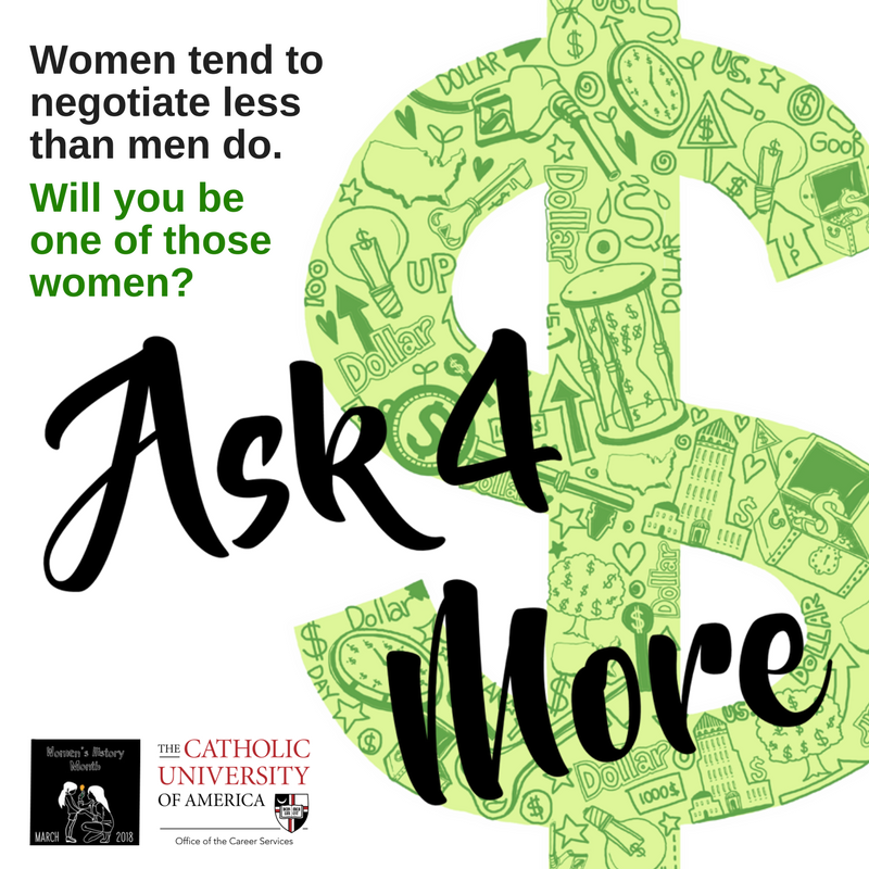 CUASuccess's tweet photo. Register on Handshake to attend our interactive salary negotiation workshop:
https://t.co/g1qCIocjOK

Ask 4 More
Tues 3/20,
7:00 pm - 8:00 pm
Pryz 323

#WHM18 #CatholicUwomen @CUAactivities https://t.co/FDgX5wsxDO