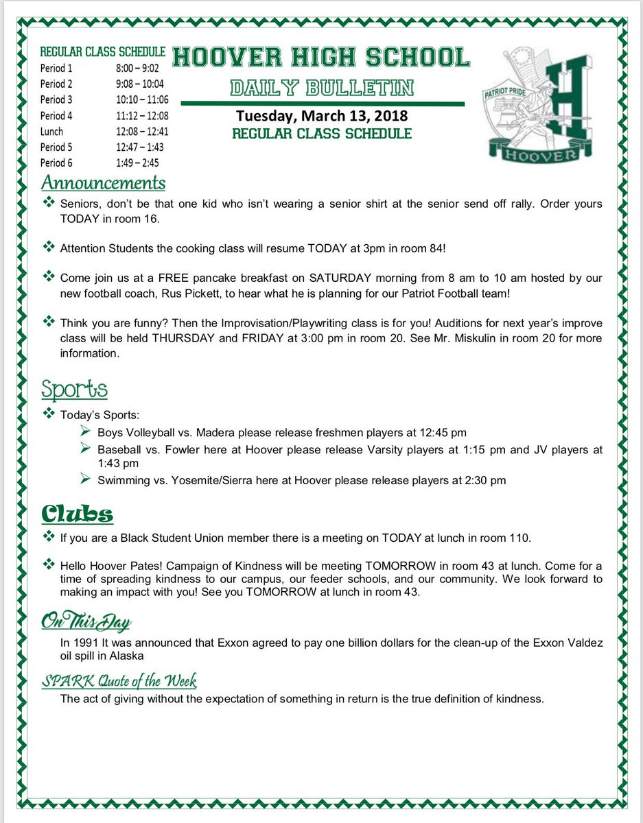Hoover High School On Twitter 3 13 18 Bulletin