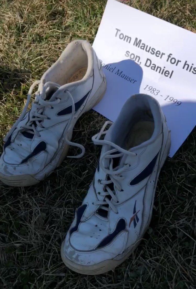 KilloughCNN's tweet photo. Tom Mauser lost his son Daniel at Columbine and has been wearing his shoes ever since. Tom traveled from Colorado to place Daniel’s shoes in a display of thousands of others on the Capitol lawn in a memorial that represents children who have died from gunshot wounds. https://t.co/95vHOQPjTb