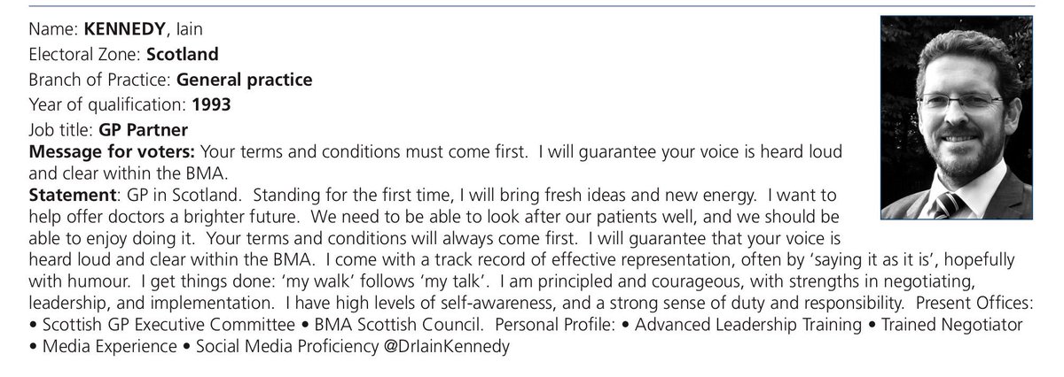 Dear Doctor Colleagues,

This is my #BMACouncilElection statement for the ballot which starts this Thursday.

If you believe that I would represent you and the whole medical profession well, then I would be very grateful for your support.

Thank you, 

Iain.