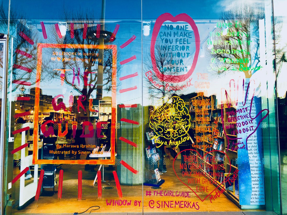 Foyles's tweet photo. ICYMI: Take a look at our fabulous Royal Festival Hall shop window - painted last week for #IWD2018 by @SinemErkas - artist behind @QuartoKids #TheGirlGuide! https://t.co/BsyCjB1UGK