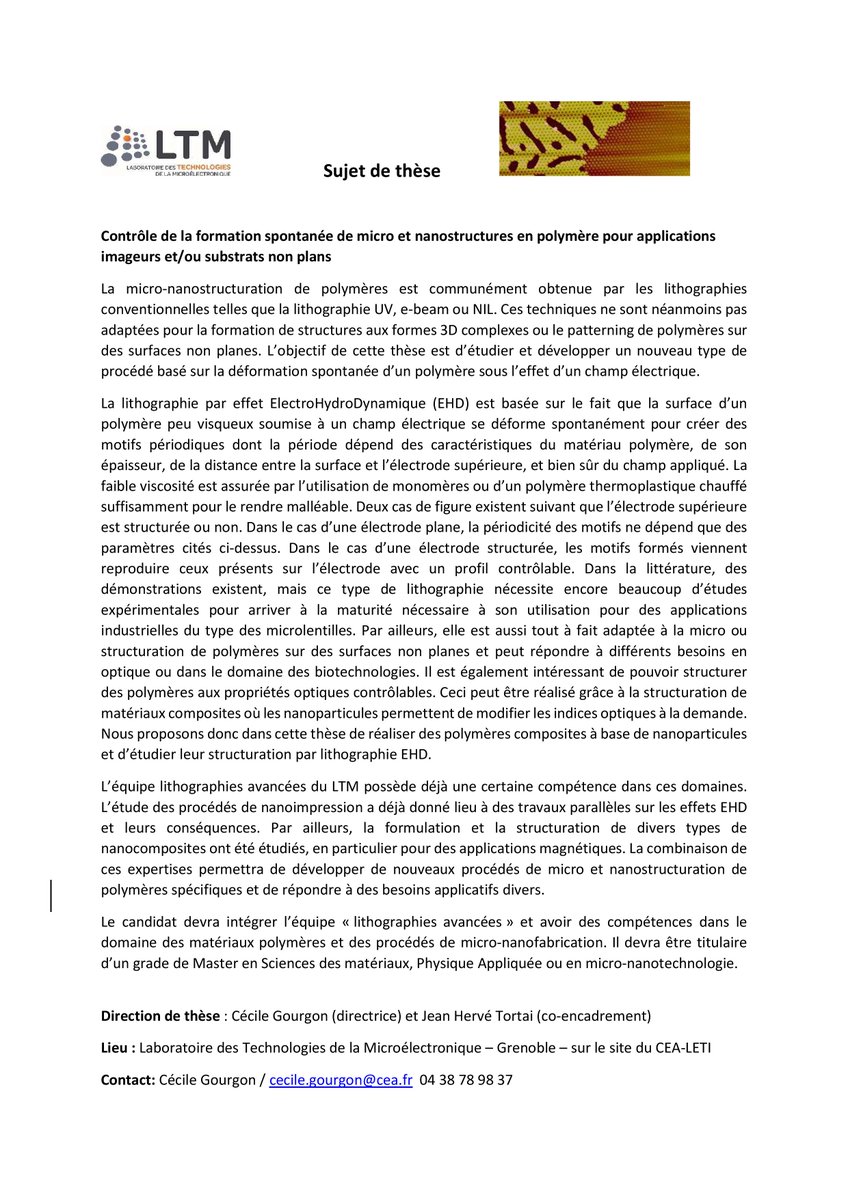Offre de thèse au LTMLab / Lithographies avancées : "Contrôle de la formation spontanée de micro et nanostructures en polymère pour applications imageurs et/ou substrats non plans" #offredethèse #phdoffer #phd #grenoble