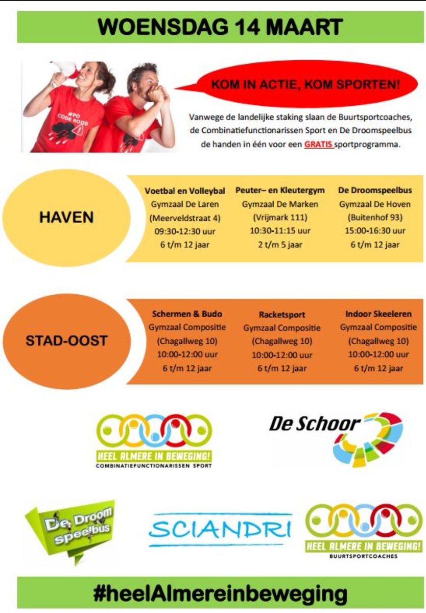 Morgen komen de leraren in actie. Daarom slaan wij onze handen in één door middel van een extra sportaanbod voor de kinderen aan te bieden. Komen jullie ook gratis sporten? <a href="/Buth_DeSchoor/">Michael Buth</a> <a href="/YvonneWolff1/">Yvonne Wolff</a> @GMAlmereHaven <a href="/kempersdeschoor/">Sebastiaan Kempers</a> <a href="/droomspeelbus/">Droomspeelbus</a> <a href="/cf_sport/">CF Sport</a> <a href="/AquamarijnASG/">Aquamarijn Almere</a>