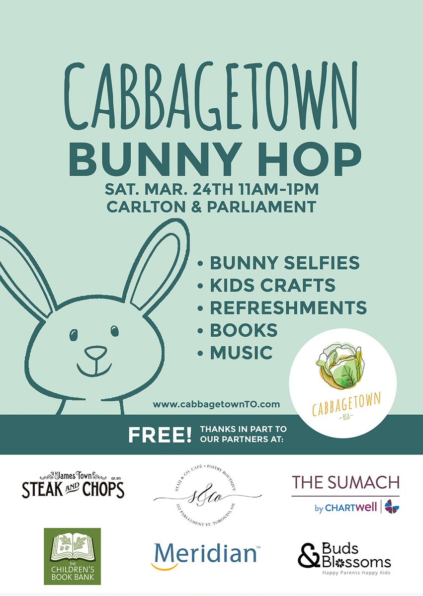 The #Cabbagetown Bunny Hop is always a blast! Bring the kids and visit with your neighbors. Details: facebook.com/events/1731013…

Thank you to our amazing partners at <a href="/eatsteaknchops/">Mark Michelin</a> Staij &amp; Co. <a href="/BookBankCanada/">Children's Book Bank</a>  Chartwell Retirement Residences, <a href="/MeridianCU/">Meridian CU</a>,  <a href="/budsnblossomsTO/">Buds and Blossoms</a>.