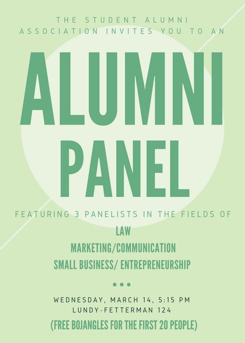 CampbellSAA's tweet image. Everyone is invited to the Student Alumni Association's "Alumni Panel" tomorrow (Wednesday) at 5:15pm in Lundy 124! Free Bojangles while supplies last 😀