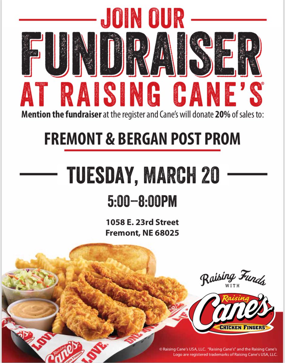 FHSBHSPostProm's tweet photo. Our final Post Prom/Raising Caneโs fundraiser of the year! Tuesday, March 20th from 5p-8p! Mention Post Prom when ordering and support Post Prom! #nocooktuesday #fhsbhspostprom #onemonthtilprom https://t.co/1clsSOk6lS