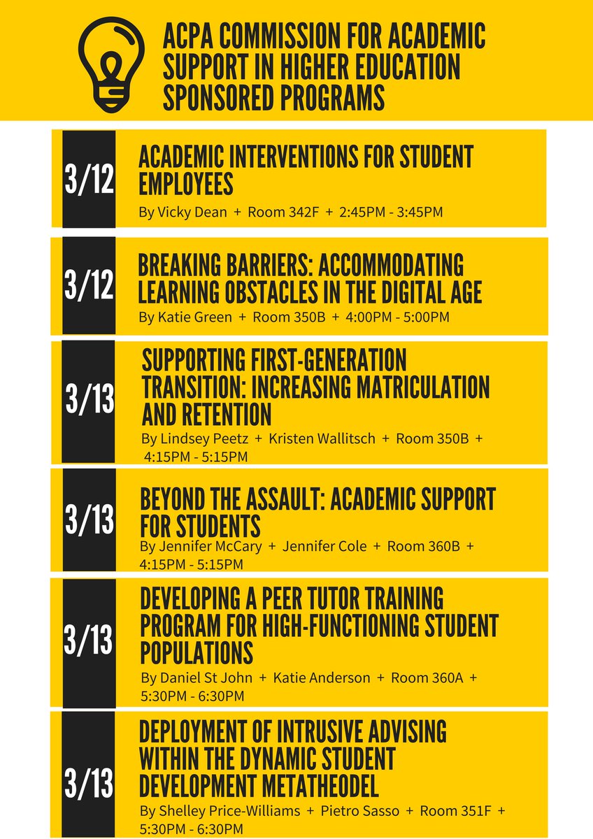 ACPACASHE's tweet photo. Beyond the Assault: Academic Support for Students. 

How cross-division collaboration leads to better support for students.

Lookout for live tweets from this session at 4:15pm with #ACPACASHE #ACPA18 https://t.co/VuE2qIZkOm
