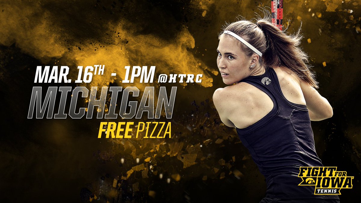 TheIowaHawkeyes's tweet photo. FREE pizza at the @iowa_tennis match vs. Michigan this Friday at 1 pm! https://t.co/fgXc0ftwZe