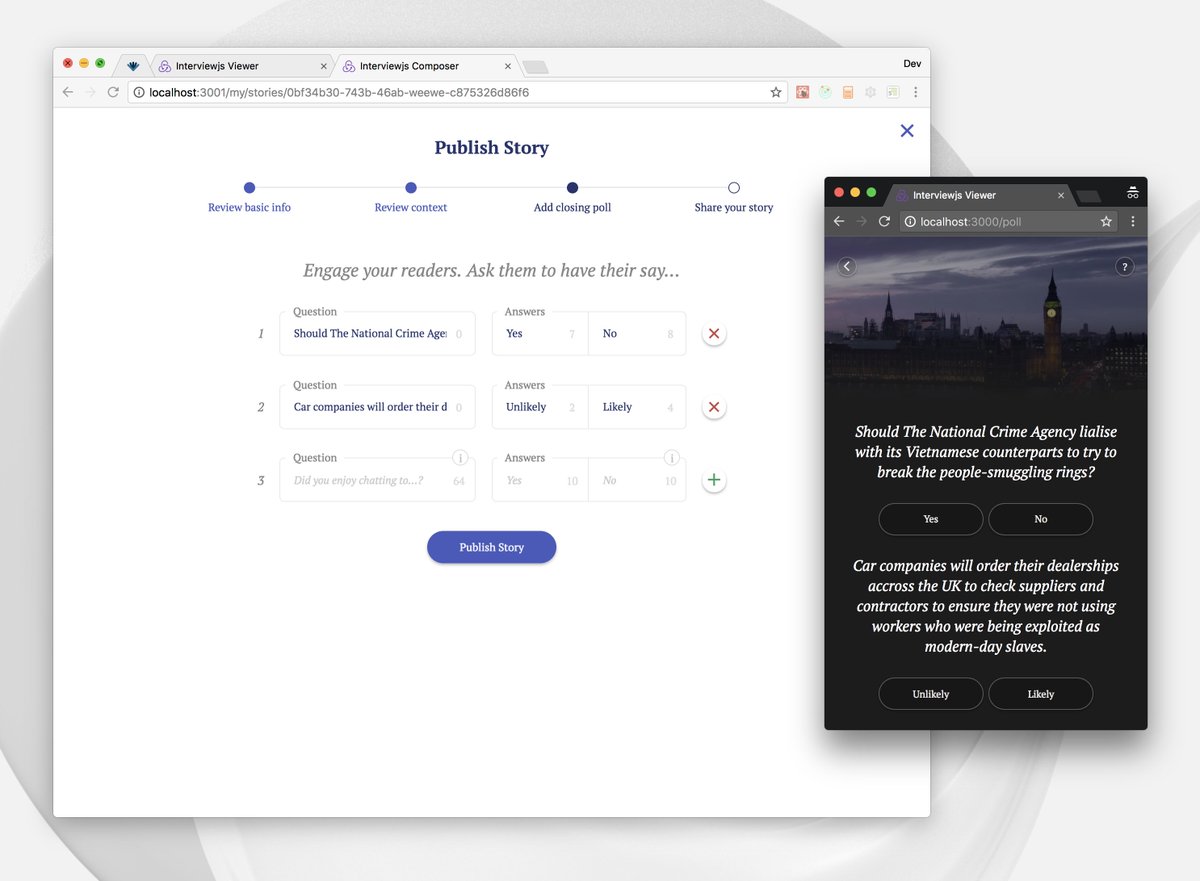 interview_js's tweet image. Let your readers have their say. We’re making it easy for you to create simple binary option polls you can close your #interviewjs stories with.

#opensource #opennews #news #toolsfornews #journalism #storytelling #nicar18 #googledni #DniFund