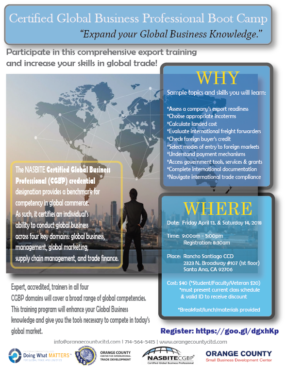 OCCITD's tweet photo. This is a great training opportunity to help prepare you for the NASBITE Certified Global Business Professional (CGBP) Credential. Register today at https://t.co/i7RPJ2JuTk

For more info visit:
https://t.co/AtlZ1r7mTj https://t.co/EqjAXXMHJA
