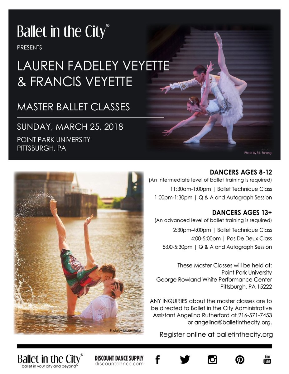 Lauren Fadeley-Veyette and Francis Veyette teaching master ballet classes March 25th in #Pittsburgh at <a href="/PointParkU/">Point Park University</a>! Register at balletinthecity.org/events.html  for intermediate and advanced classes! @SaraB_PG <a href="/PGHCityPaper/">Pittsburgh City Paper</a> <a href="/PittsburghMag/">Pittsburgh Magazine</a> @PPUGlobe @KateBenz