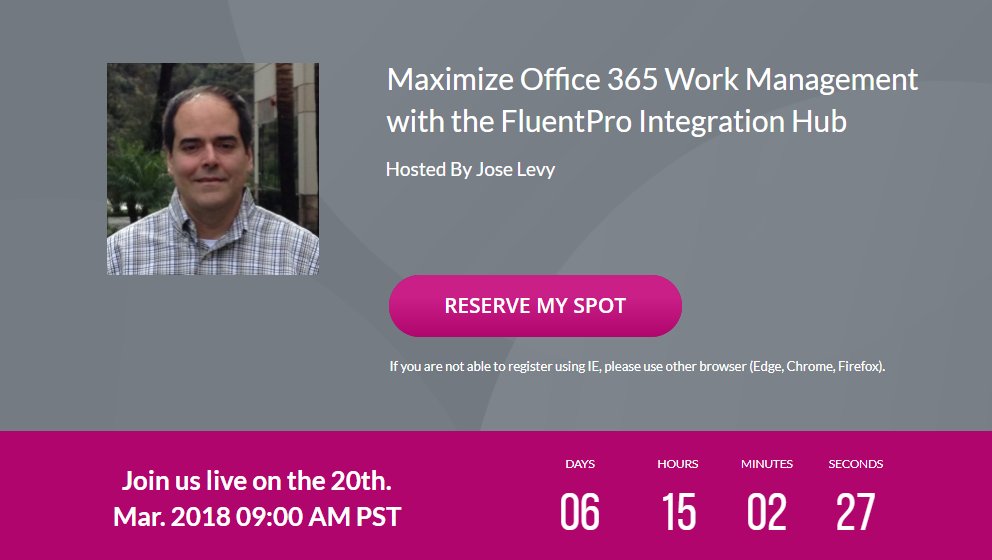 FluentProCorp's tweet photo. #WEBINAR: Maximize #Office365 Work Management with the #FluentPro #IntegrationHub 
https://t.co/xuMeoAWJmx https://t.co/jWp4a9FHWd