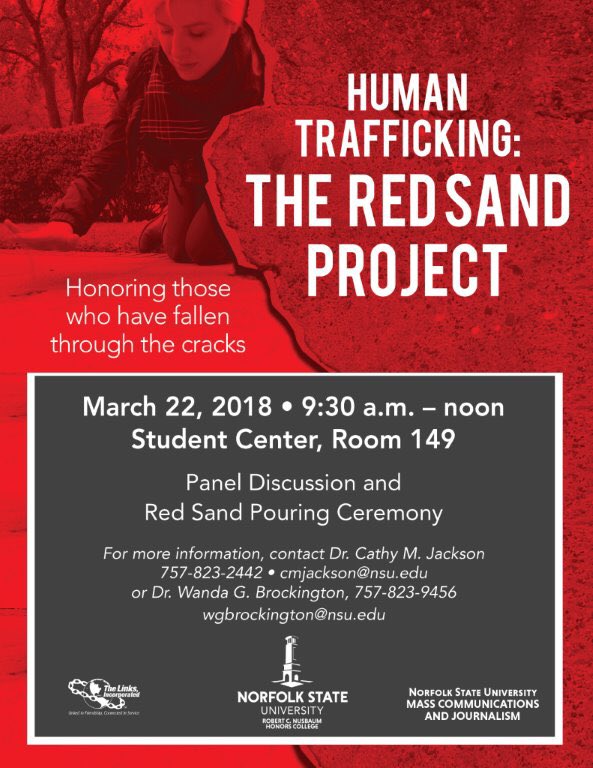 Join the Chesapeake (VA) Chapter of The Links, Incorporated and Norfolk State University on March 21, 2018 for their Red Sands Project -Combating Human Trafficking.  #redsandsproject #stophumantrafficking #HumanTrafficking #humantraffickingawareness #linksinc  #easternarealinks