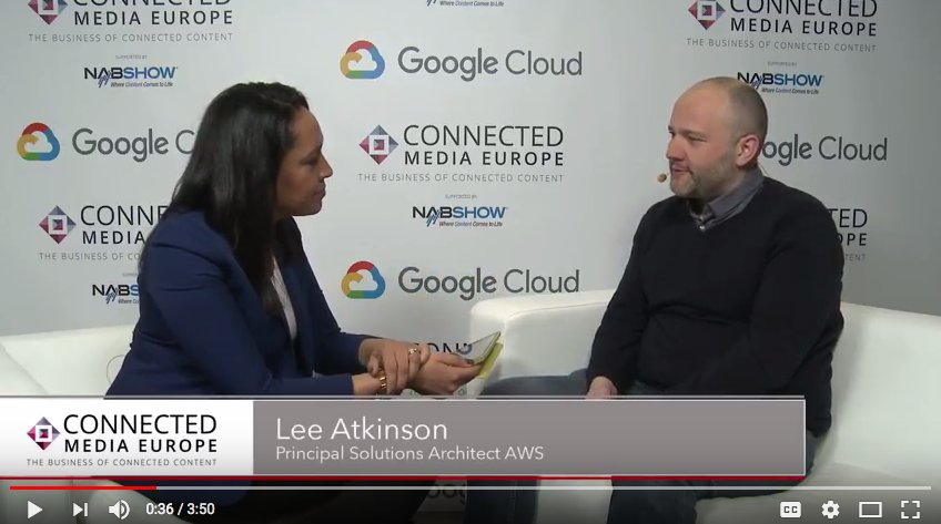 CMEurope2018's tweet photo. In the Connected Media Europe booth Lee Atkinson, Principal Solutions Architect at Amazon Web Services UK discusses what AWS is doing with artificial intelligence and machine learning. Check it out here! #CME2018 https://t.co/dshVJppOjn https://t.co/Tr2om9ZjkX