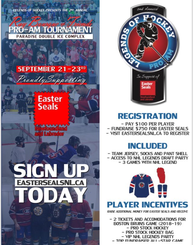 Join today! 2nd Annual Legends of Hockey Pro-Am featuring Ray Bourque &amp; Friends. (Sept 21-23)- Paradise, NL. Visit eastersealsnl.ca to register and play along these legends! <a href="/RayBourque77/">Ray Bourque</a> <a href="/EasterSealsNL/">Easter Seals</a> <a href="/langerbrettdrew/">Darren Langdon</a> <a href="/RonDuguay10/">Ron Duguay</a> <a href="/KnucklesNilan30/">Chris Nilan</a>
