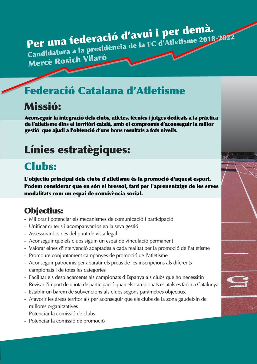 mrosich2018's tweet photo. Als Clubs: Unificar criteris i orientar-los en la seva gestió. Promoure conjuntament campanyes de promoció de l'atletisme. Valorar eines d'intervenció adaptades a cada realitat per la promoció de l'atletisme, ... #eleccionsFCA https://t.co/naGdRWwQ0g