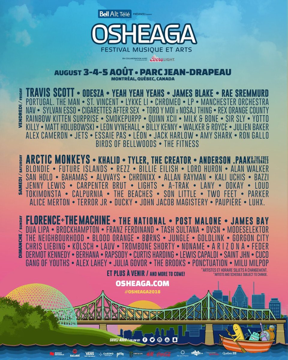 The lineup is out: @YYYs, @tylerthecreator, and @TheNational headline this year’s Osheaga festival 💯💯💯 https://t.co/9gkHfiE6uP
