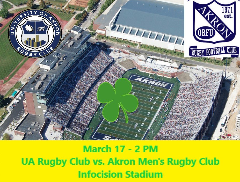 ARFC2014's tweet photo. UA Rugby Club is excited to play the Akron Men's Team this Saturday at 2 PM at Infocision Stadium! Come out and support your Ruggers on St. Patrick's Day! @RugbyOhio @akronRFC @uakron @UAkronRec https://t.co/YhsTL7iQLT