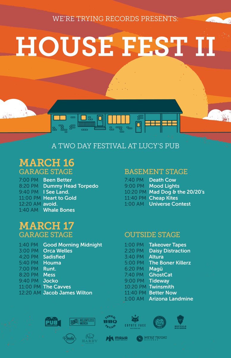 weretryingrec's tweet photo. House Fest is kicks off this Friday! Come out to Lucy's for good tunes and great hangs.
Check out the updated set times, and RSVP: https://t.co/o8qD7ybtZo
#housefest #diy #omaha #lnk #atx https://t.co/X71Wv7m5KU