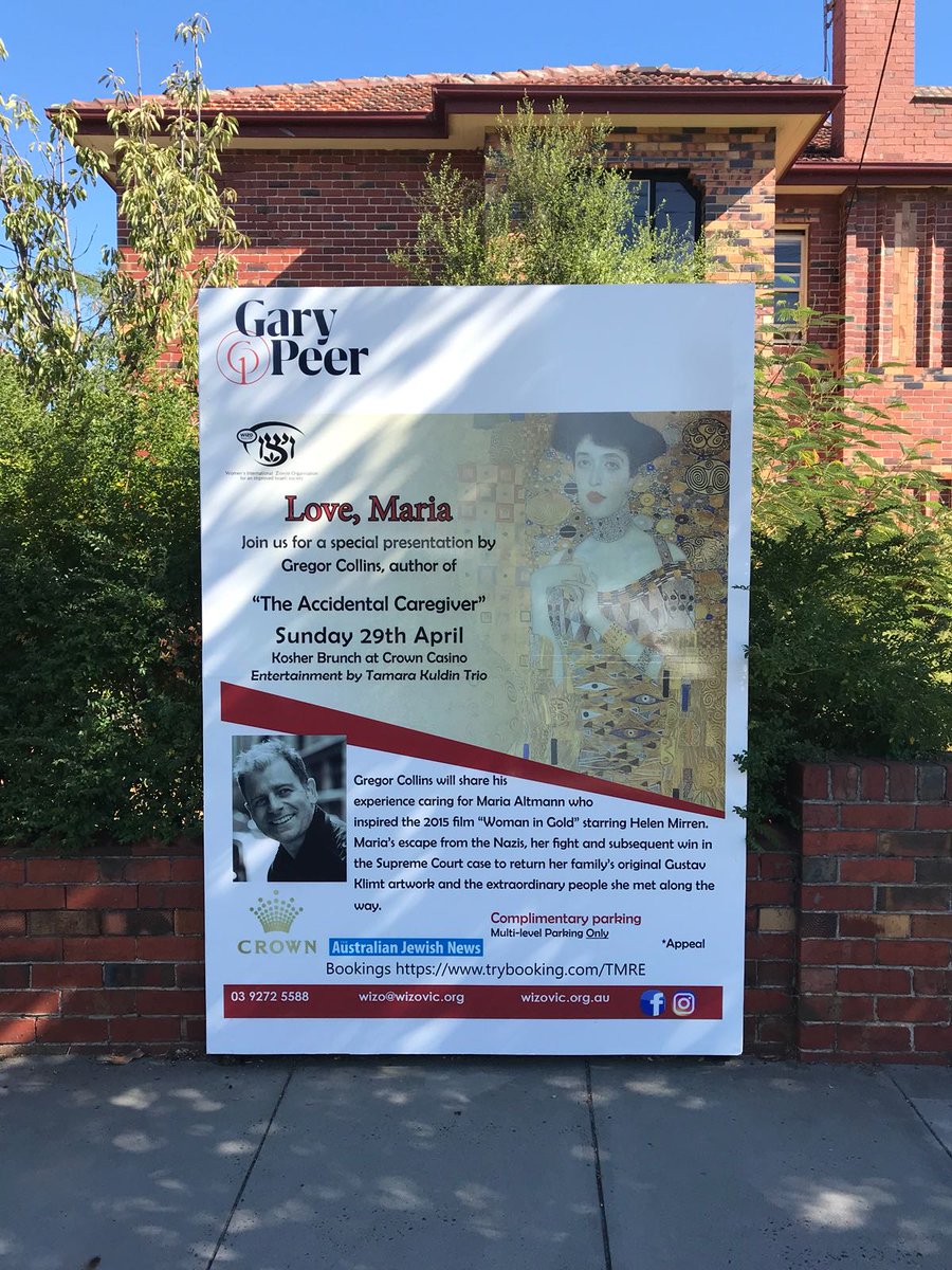 Honored to embark on a speaking tour next month in Melbourne, Sydney &amp; Perth, w/ my book amzn.to/2b4gC6f, about my 37 months caring 4 .<a href="/TheWomanInGold/">Maria Altmann</a>. Seats filling up! See u soon, Oz! .<a href="/WorldWIZO/">World WIZO</a> .<a href="/WIZONSW/">WIZO NSW</a> .<a href="/WIZONY/">WIZO New York</a> .<a href="/aus_jewishnews/">Jewish News</a> .<a href="/AusAmbIsrael/">Ralph King 🇦🇺🇮🇱</a> #TheAccidentalCaregiver