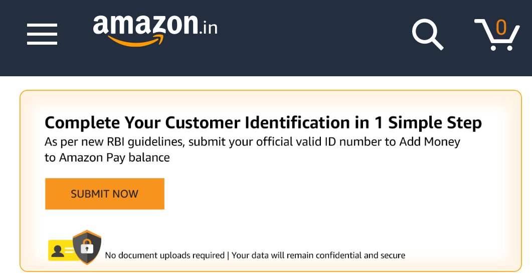 t4templates's tweet photo. Hey @amazonIN , time for some hotfixes into app as well as on website for #AmazonPayBalance . Now it shouldn't be forcing users to add #Aadhaar or other docs to continue using services of #AmazonPay https://t.co/S4TIdtIHCn