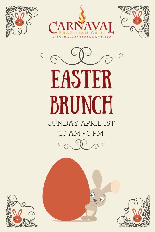 CarnavalGrill's tweet photo. Join us for our Annual Easter Brunch on Sunday, April 1 from 10am to 3pm. We will be serving all of our delicious skewered meats along with our grand breakfast &amp; dessert bars. Make your reservations today! https://t.co/4SV3qZBBx8
