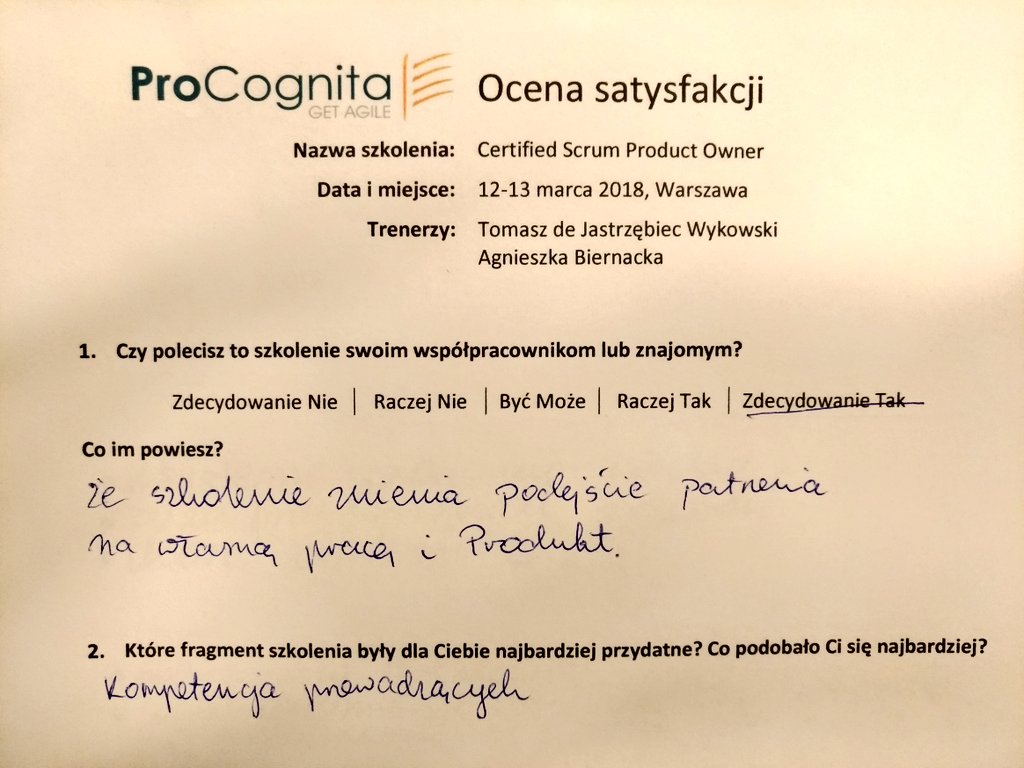 Miło dostać taki feedback po szkoleniu #Certified #Scrum Product Owner z <a href="/JagaBiernacka/">Agnieszka Biernacka</a>