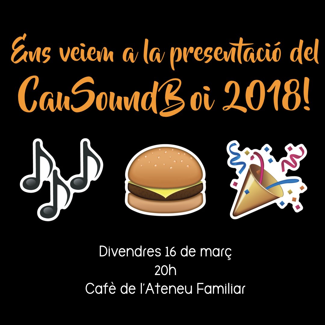 CAUSOUNDBOI's tweet photo. Divendres no pots faltar a la presentació del cartell del CauSoundBoi 2018! Sopar i festa per a totes i tots! 🎶🍔🎉 #causoundboi #causoundboi2018 https://t.co/azy02JCUF9